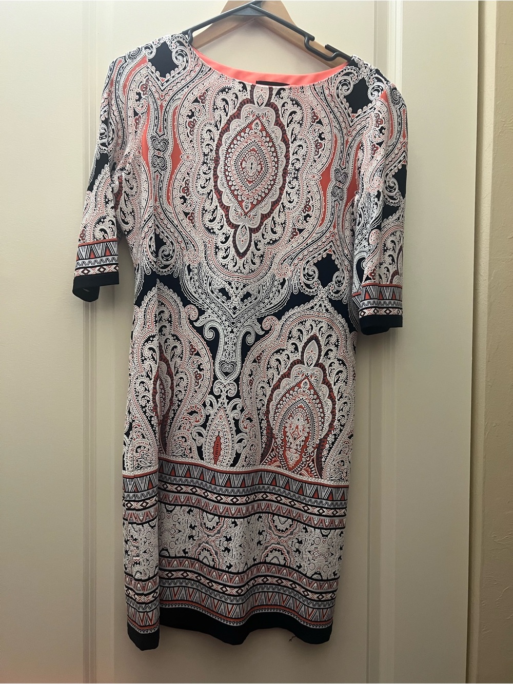 Paisley Print Sheath Dress - Coral & Black